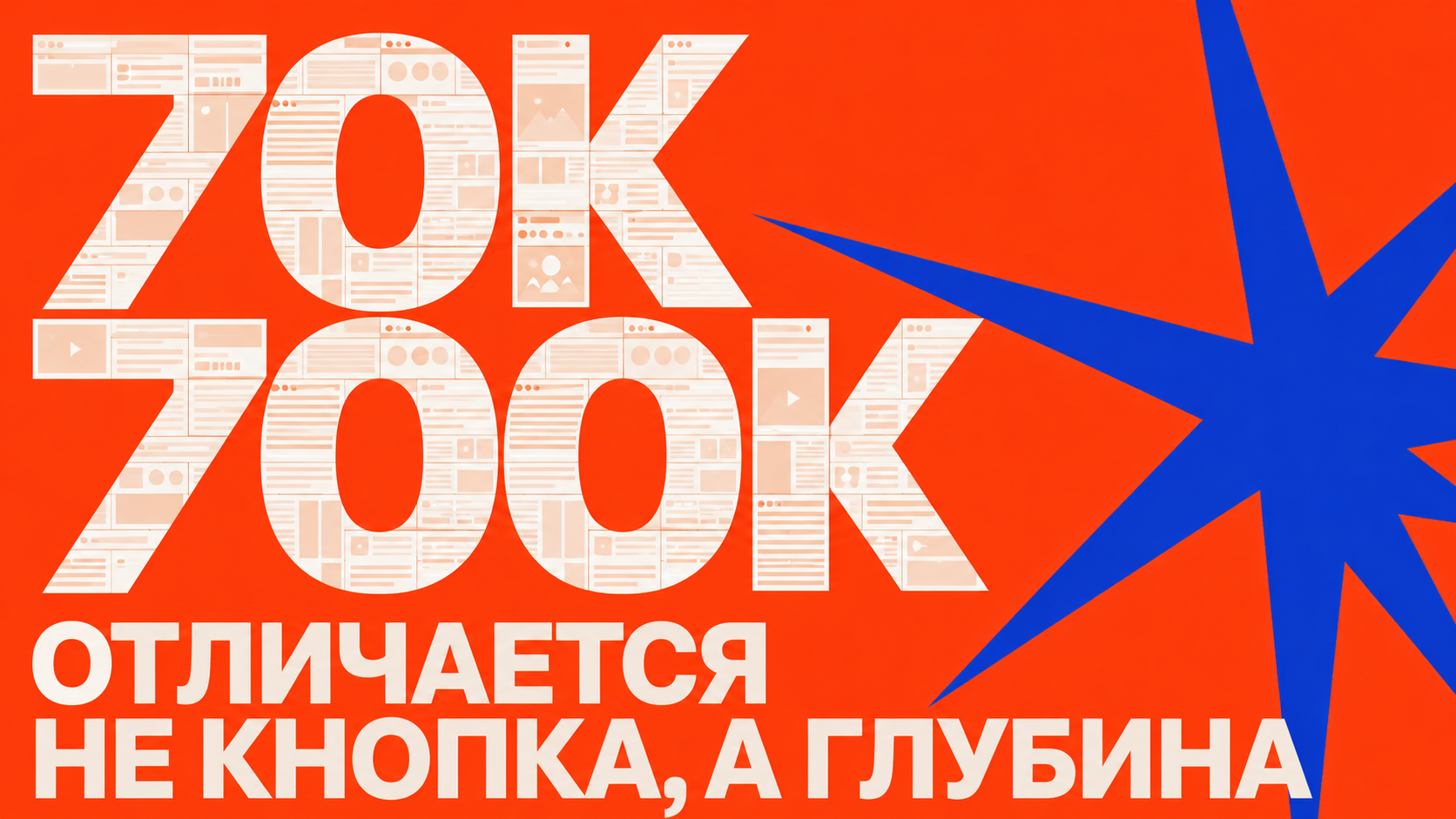 Крупная editorial-композиция с контрастом 70 000 и 700 000 рублей, где цифры собраны из модульных веб-блоков, оранжевый фон, electric blue акцент, молочный текст