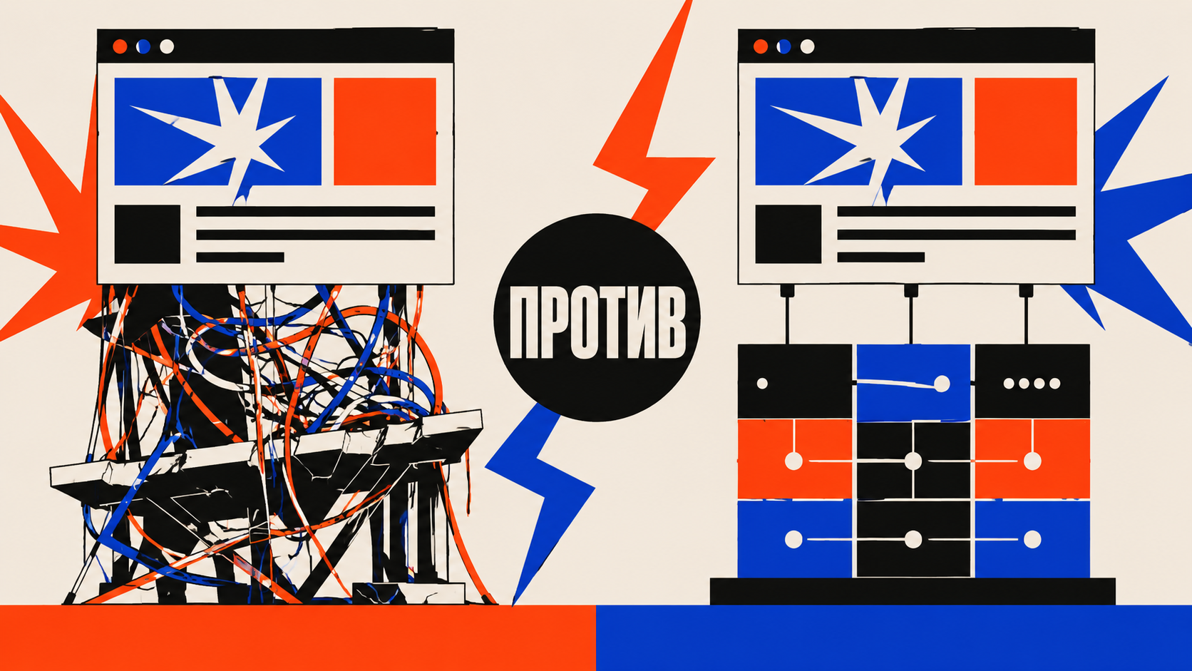 Две почти одинаковые веб-страницы снаружи, но под ними разная внутренняя структура: одна хаотичная и хрупкая, другая модульная и чистая, стиль premium editorial brutalism