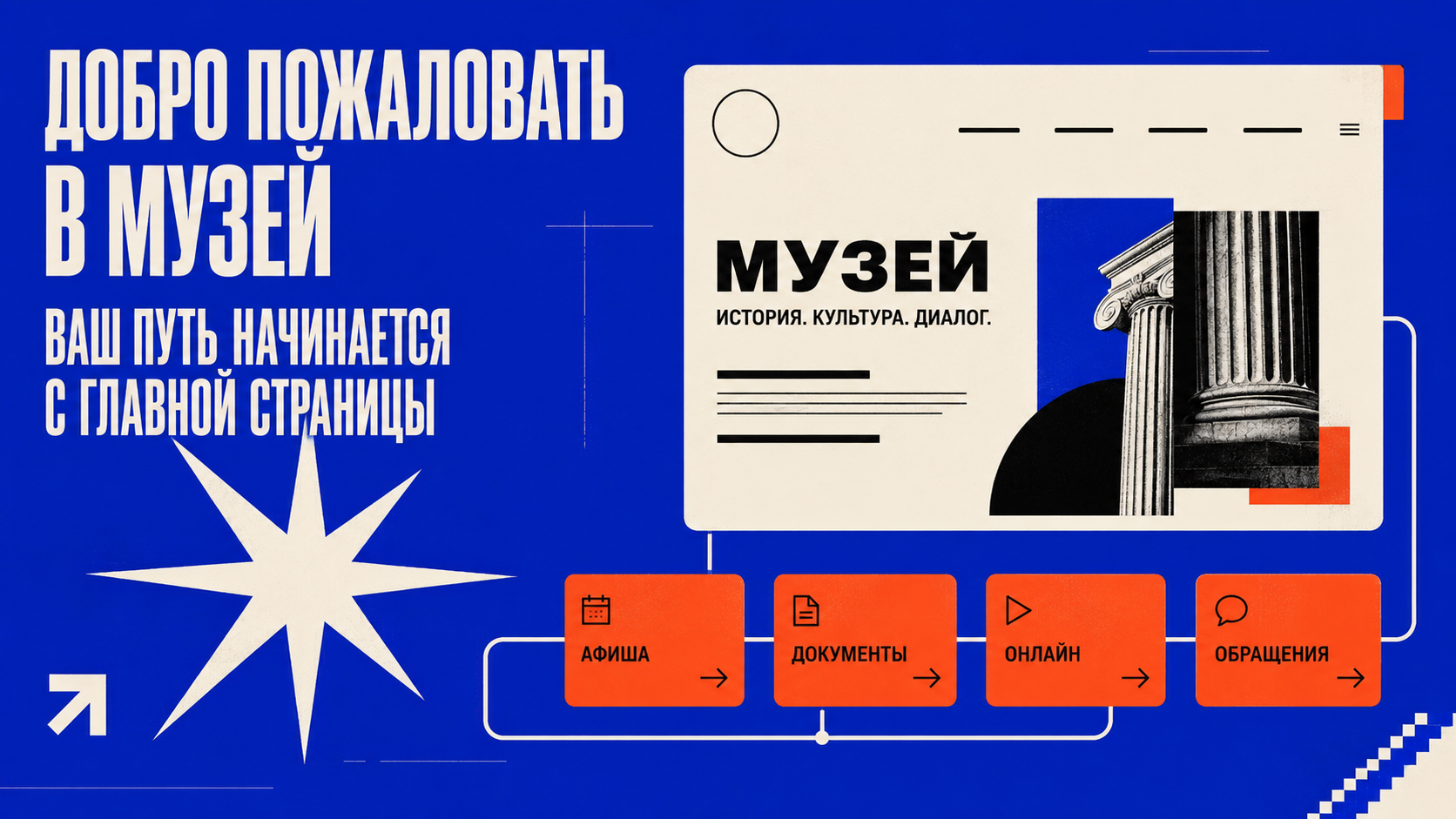 Главная страница музея как точка входа: крупная типографика, интерфейсный блок сайта и маршруты к афише, документам, онлайн-разделу и обращениям
