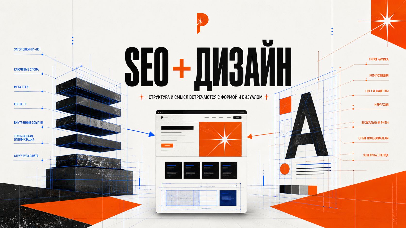 Визуальная композиция в стиле PANTELIDI: SEO-структура и дизайнерская сетка соединяются в одну страницу услуги с крупной типографикой и смысловыми блоками