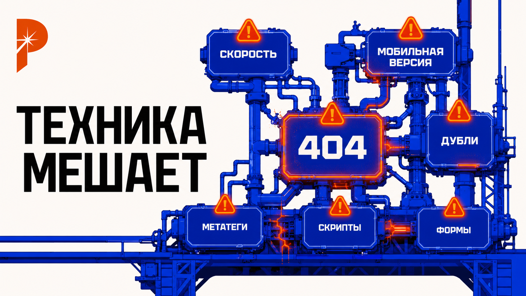 Digital brutalism изображение в стиле PANTELIDI: сайт как технический механизм с крупными узлами «скорость», «мобильная версия», «404», «дубли», «метатеги», «скрипты» и «формы»; оранжево-красные проблемные зоны подсвечены на electric blue каркасе