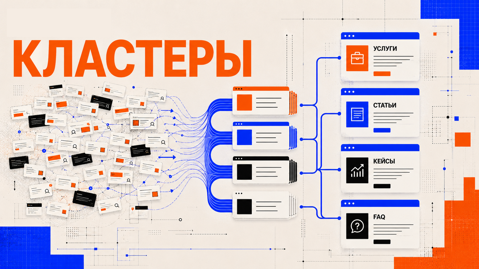 Карта поисковых кластеров в стиле PANTELIDI: десятки поисковых запросов собираются в крупные смысловые группы, из которых формируются страницы услуг, статьи, кейсы и FAQ, а electric blue линии превращают хаос семантики в понятную архитектуру сайта
